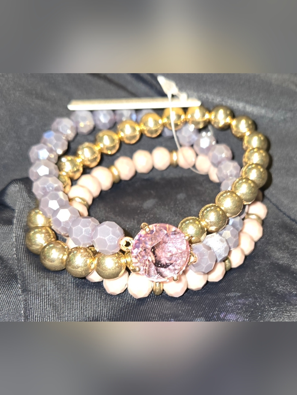 Purple Crystal & Gold Beaded Stretch Bracelet Set